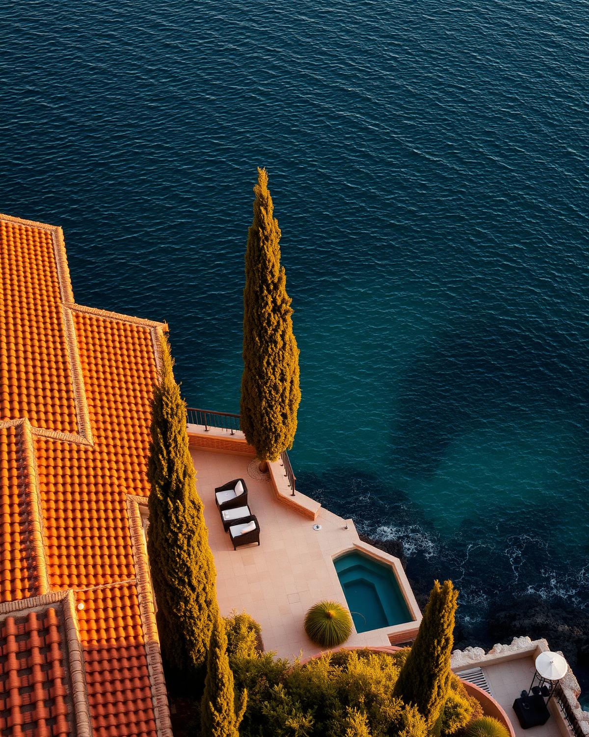 Terraço mediterrâneo com telhados de terracota e mar turquesa ao pôr do sol