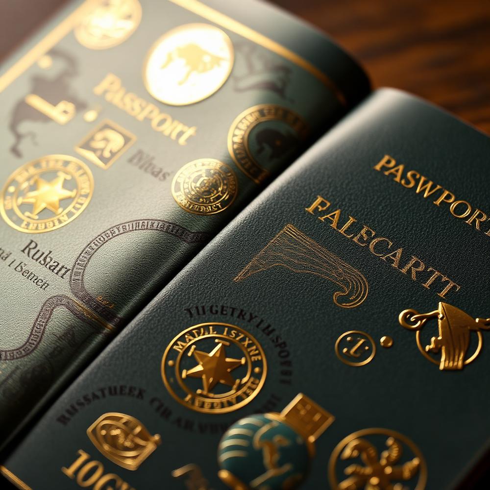 Passaporte com carimbos dourados de destinos internacionais